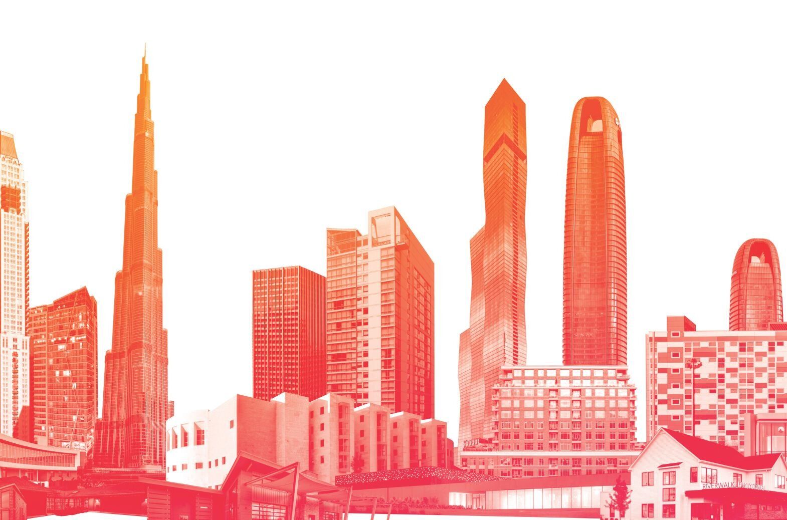 A digital collage of buildings creating a skyline that has duo tone gradient of orange to pink