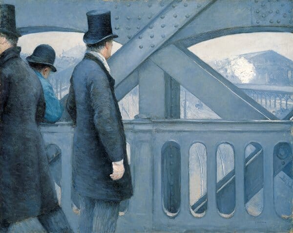 Painting of three men standing on a bridge wearing bowler hats