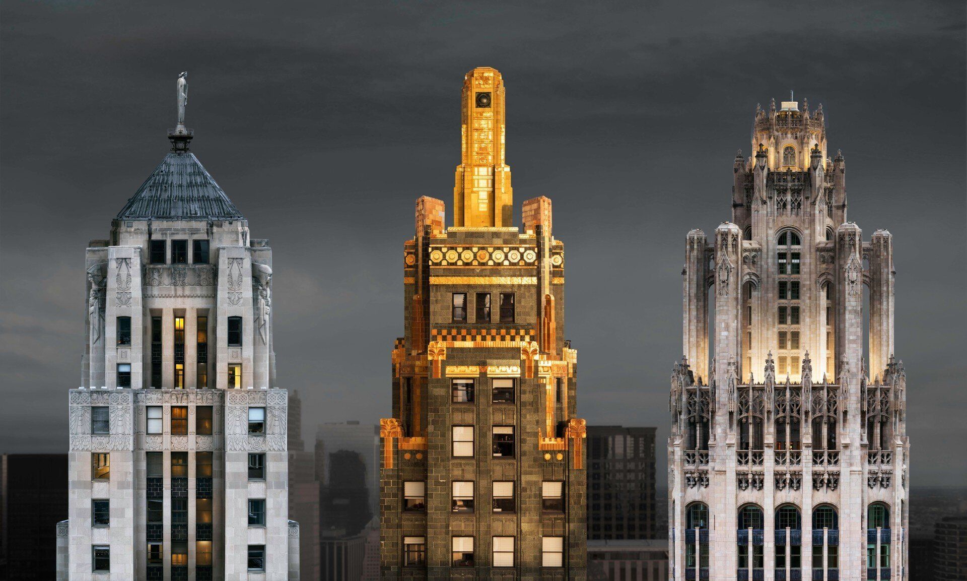 Top of three iconic skyscrapers