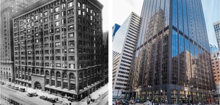 30 N. LaSalle St., then and now.  Two building, one built in 1894 and one built in 1975. 