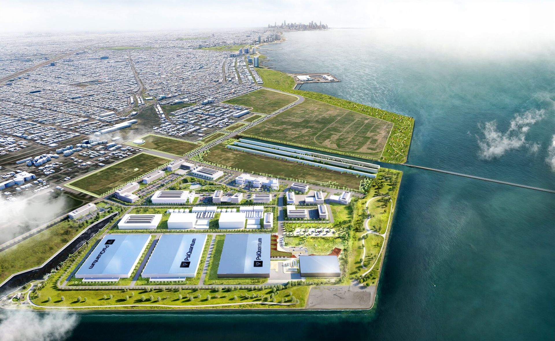 Aerial rendering of a green space with large short buildings on the lakefront. 