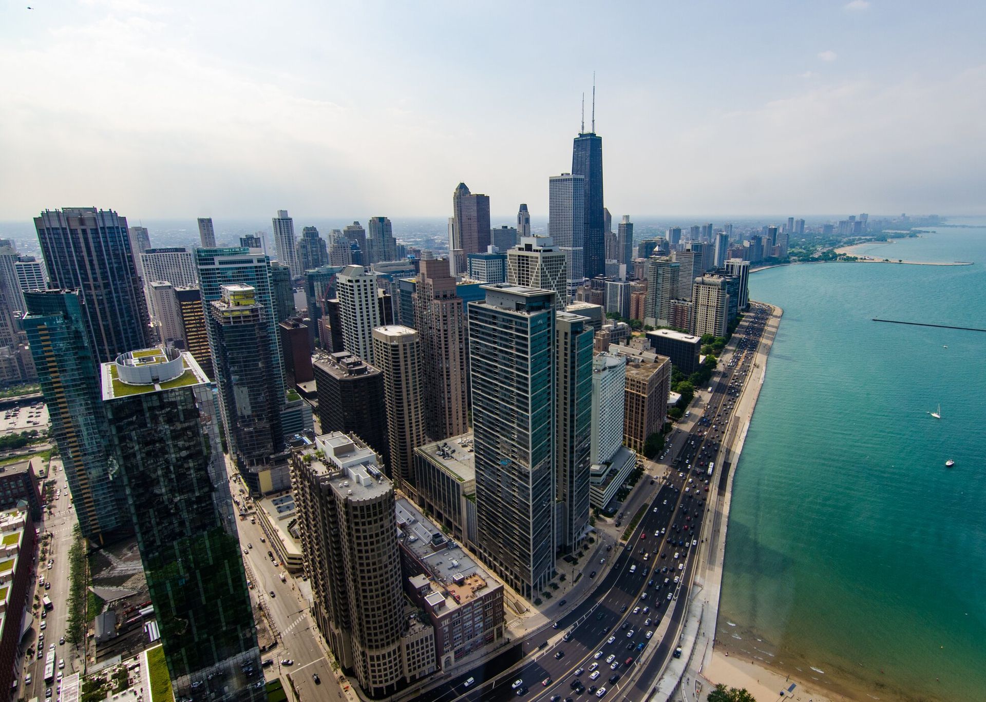 Chicago skyline from above with the lake on the right looking north