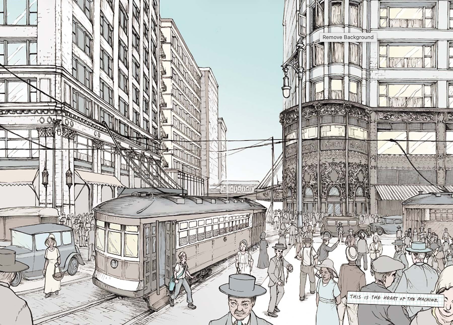 Illustration of city streets with buildings on both sides and trolley and people around on the ground.