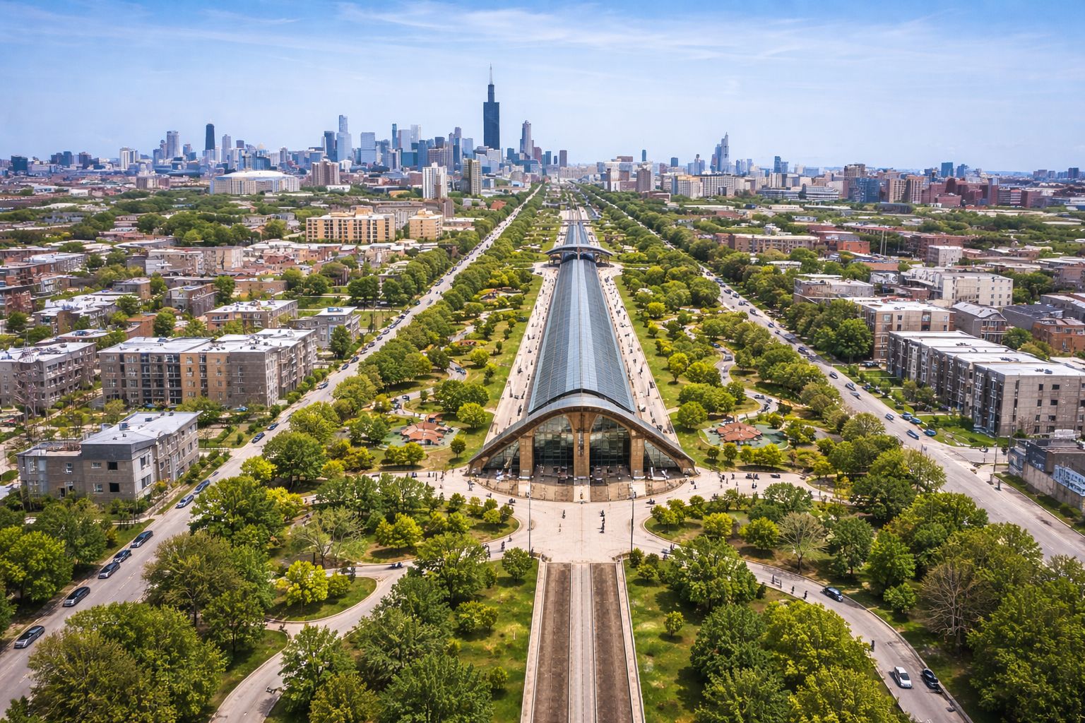Aerial view of a tree-lined boulevard and transit station stretching toward Chicago’s downtown skyline, with the Willis Tower rising in the distance.