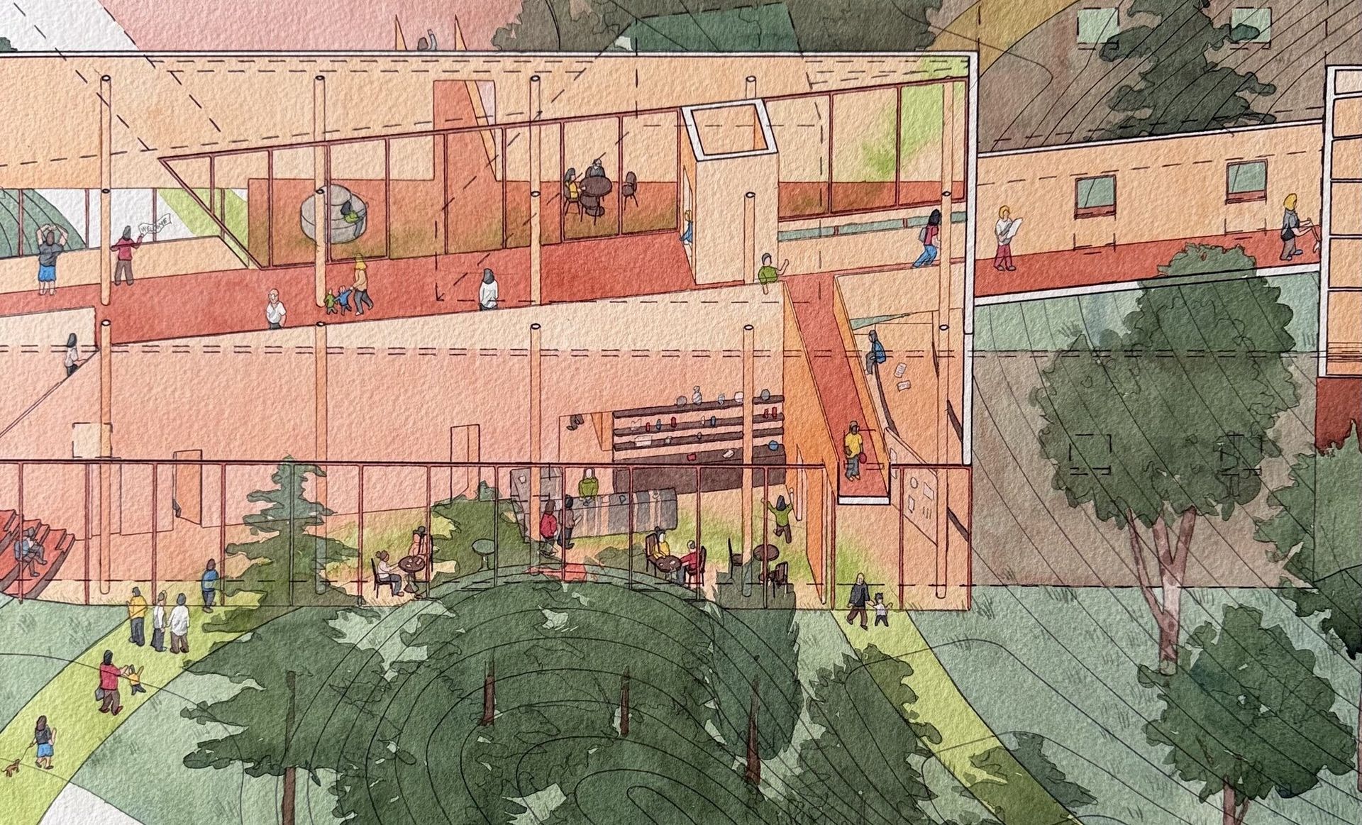 Watercolor painting for the inside of a building design. Mostly red and green in color