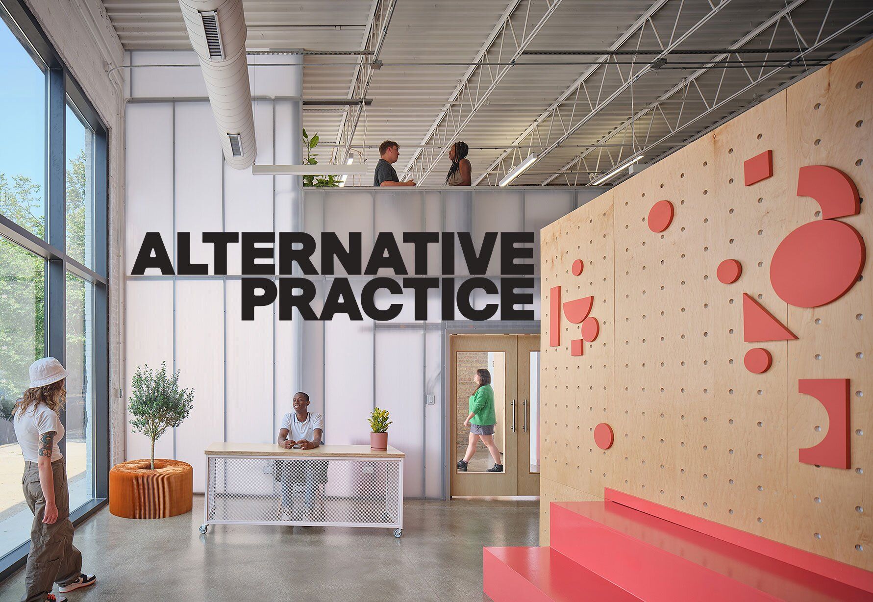 Type in black words that says Alternative Practice against a background photo of a modern office with tall floor to ceiling windows