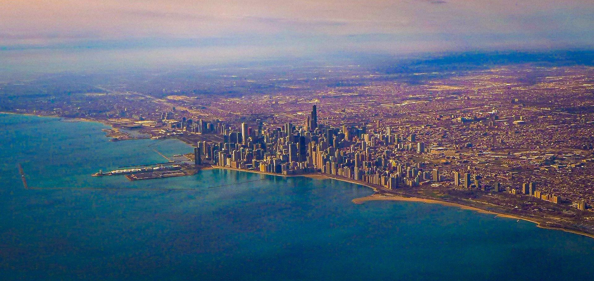 View of the Chicago Skyline from above looking southwest.