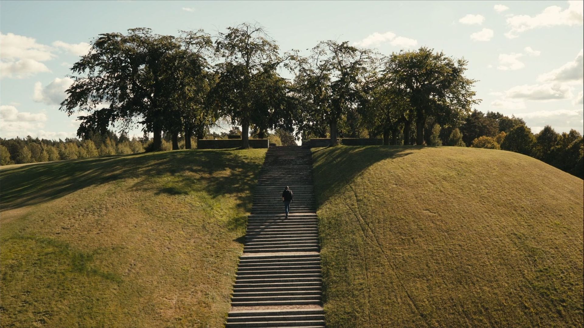 A beautiful green hill with trees and steps leading to the top