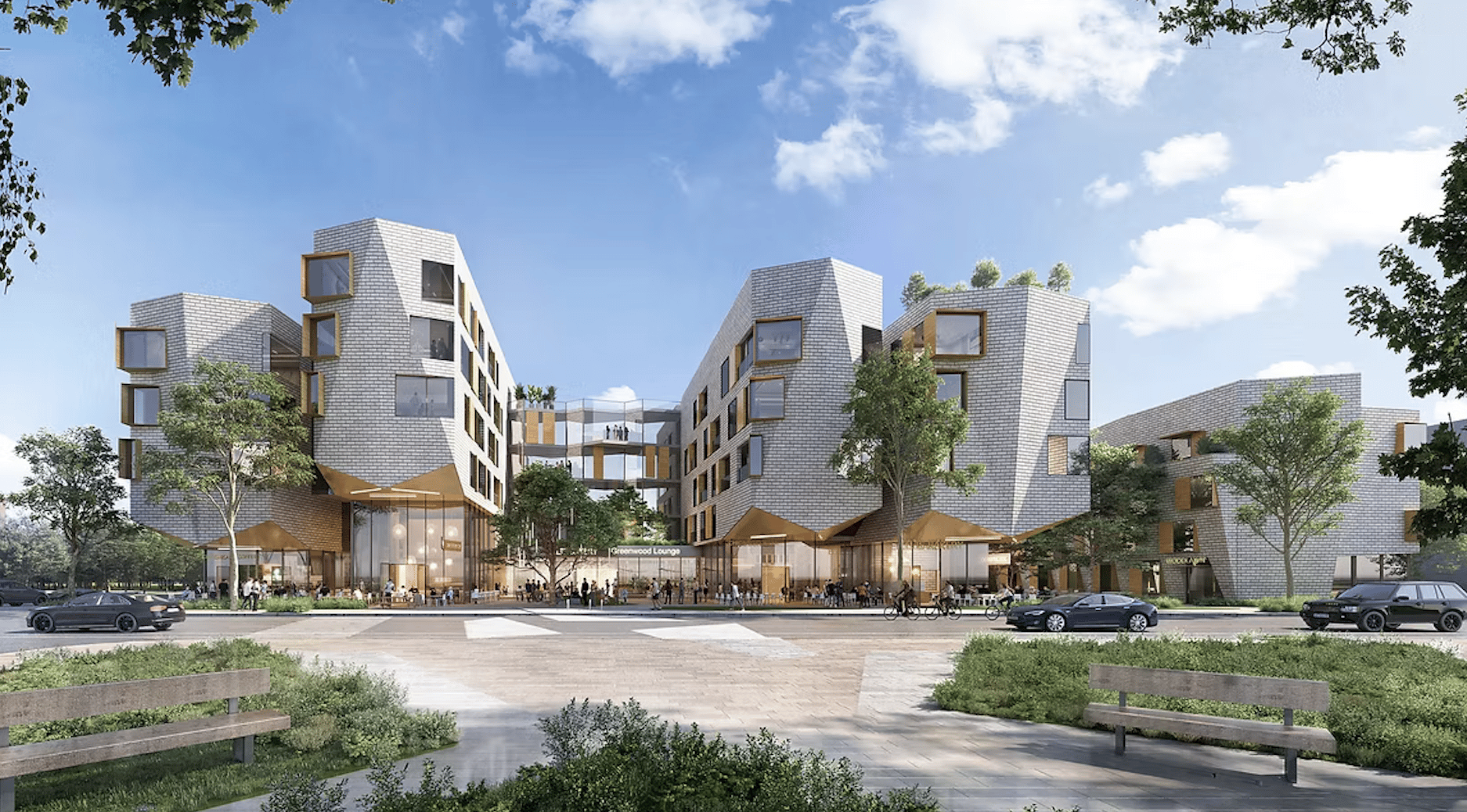 rendering of grey and tan buildings on a sunny day.