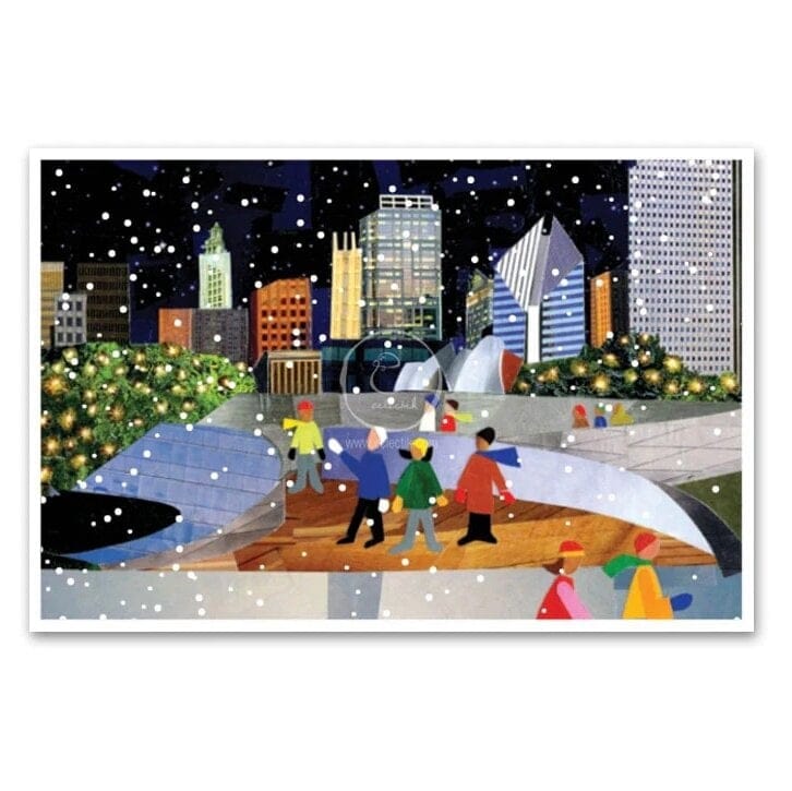 Cover of a holiday card with graphics of Chicago Bean and people in snow
