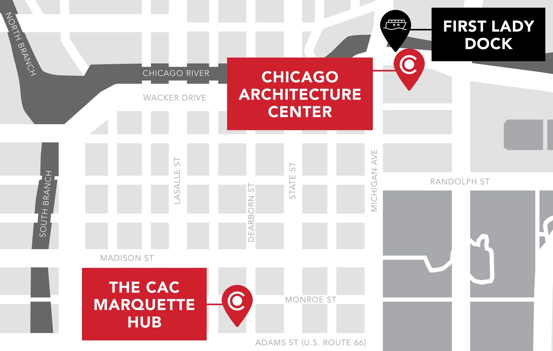 Map of downtown Chicago with icon for CAC and River Cruise Dock