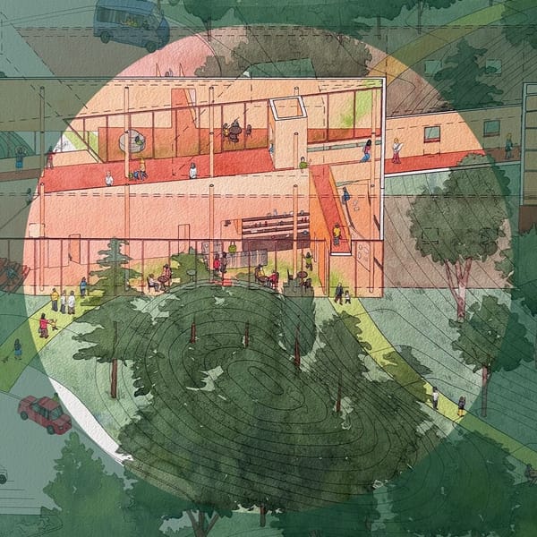 Watercolor painting for the inside of a building design. Mostly red and green in color