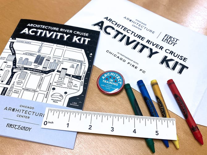A architecture coloring book, crayons, activity kit and a button