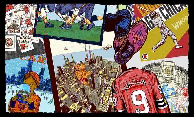 Graphic collage of different images in comic book style depicting different sports uniforms and scenes.