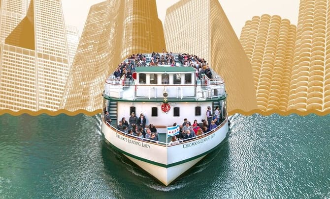 Large boat full of people on board with a graphic skyscraper in the background.