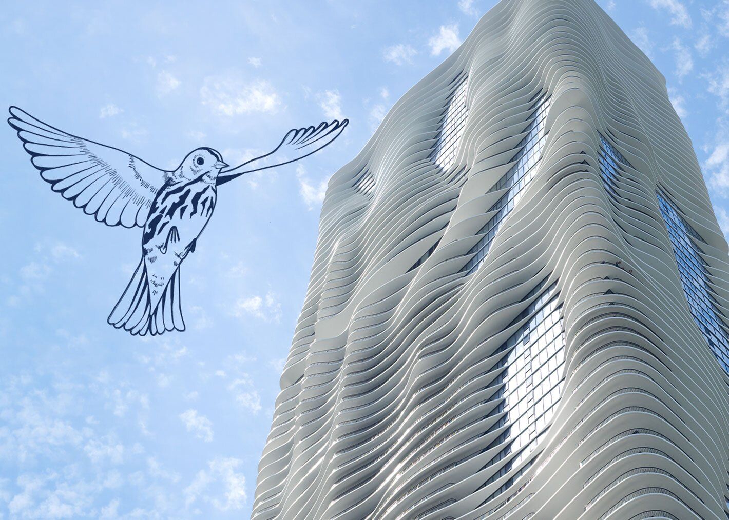 Illustrated birds flying around a futuristic skyscraper