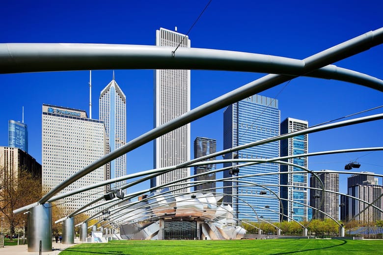 Image of the Chicago Skyline featuring skycrapers taken from within the pavillion
