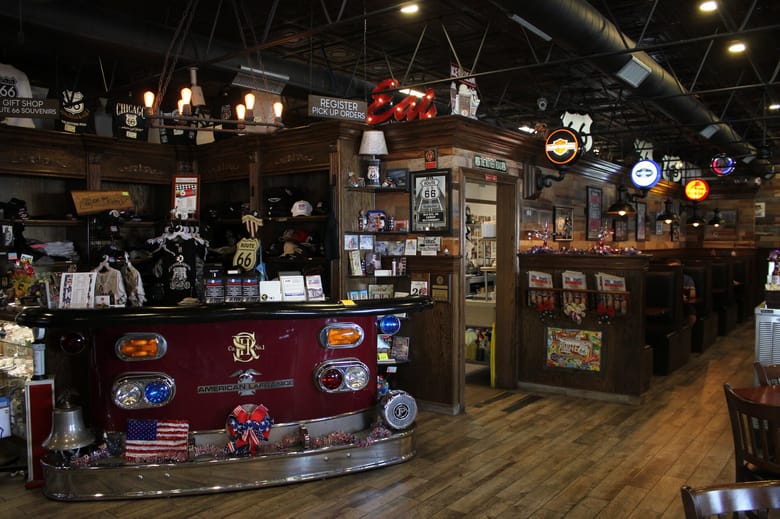 Interior of a route 66 themed restaurant and bar.