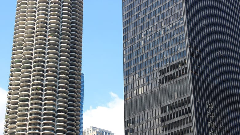 Two skyscrapers of very different architectural styles