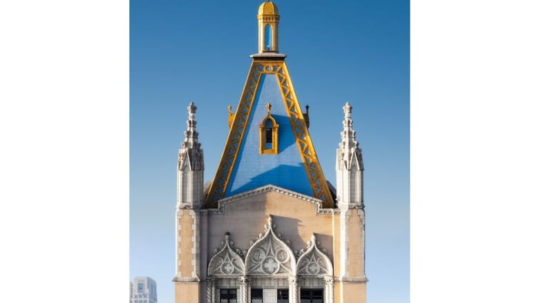 Aerial shot of the top of an ornate building with yellow and blue colors