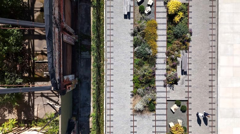 Green lush landscaping with stone pavement.