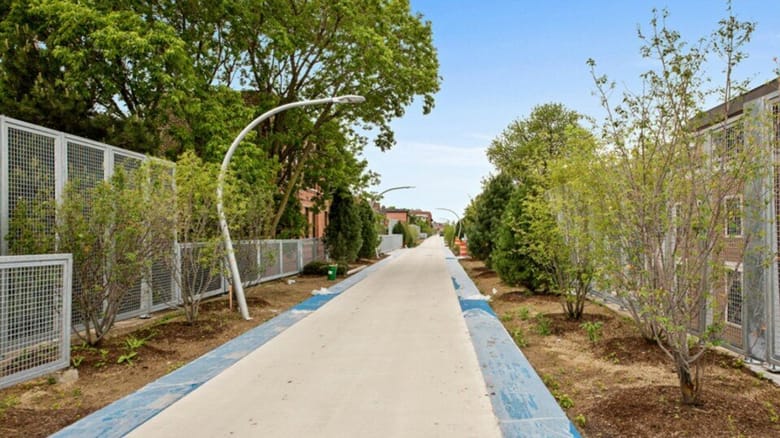 View from elevated walking path onto city street. 