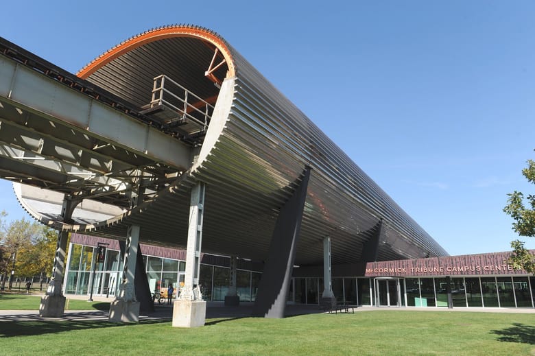 An exterior photo of the McCormick Tribune Campus Center
