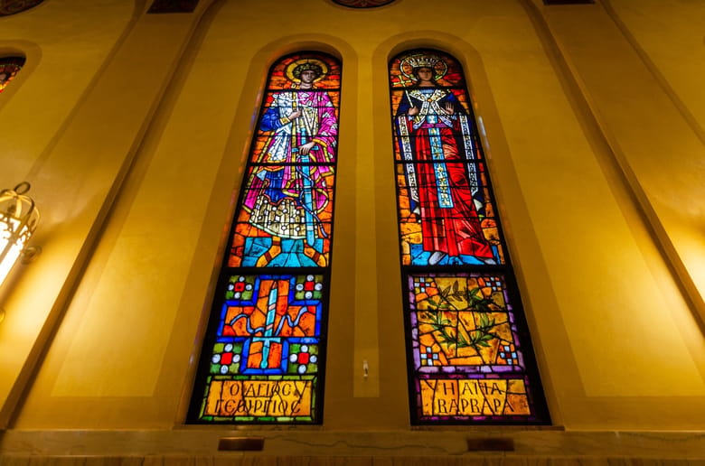 Stained glass windows in a church.