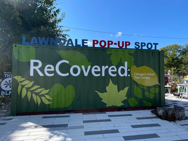 Cargo container covered in green leaf painting