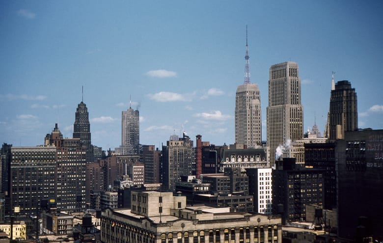 View of Art Deco skyscrapers looking northeast across Chicago’s skyline from the Loop, 1954 (Raymond L. Moldenhauer Collection)