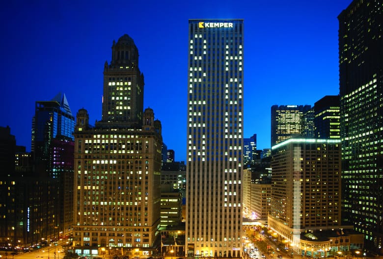 Skyscrapers at dusk.