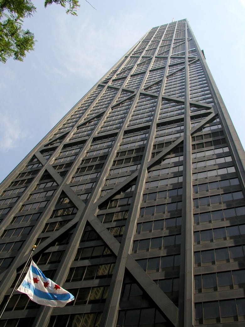 875 N. Michigan Ave (John Hancock Center) in Chicago, Illinois, featuring its distinctive series of stacked X-shaped bracing, an iconic element of its structural design.