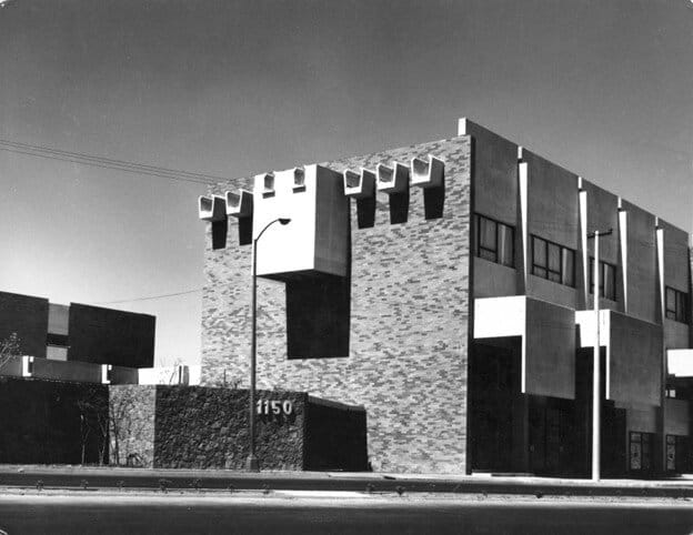 black and white photo of a simple building.