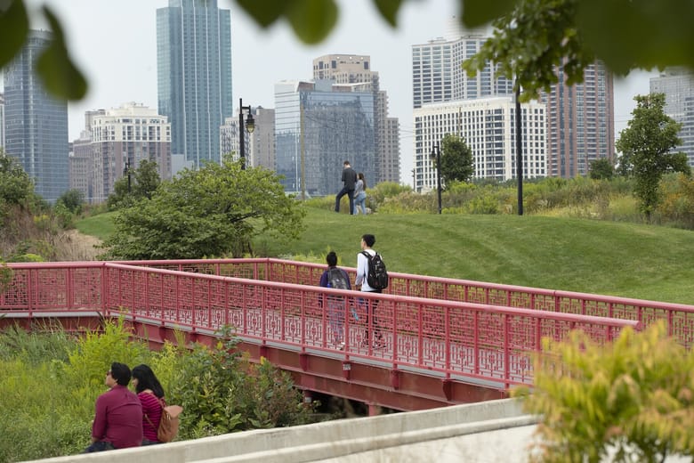 People walking through a park.