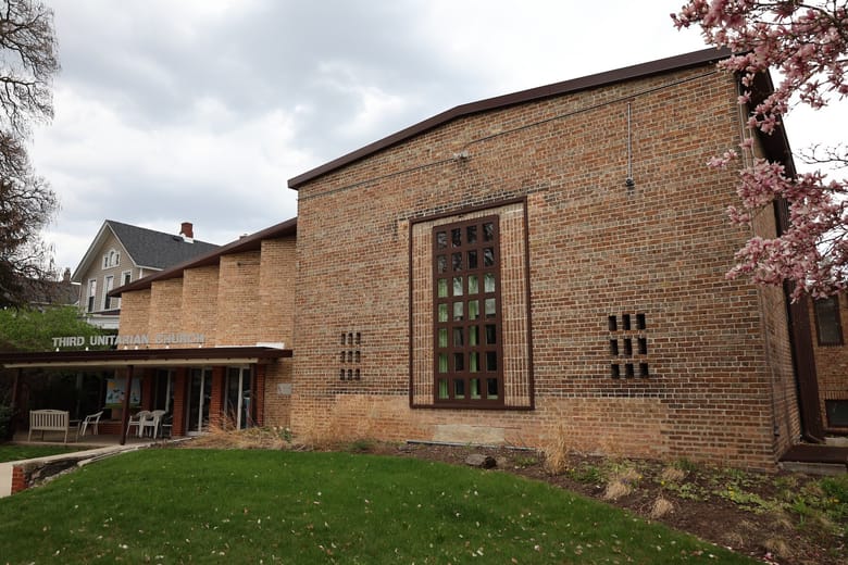Exterior of a brick church.