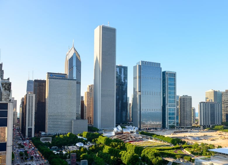 Skyscrapers next to a large park