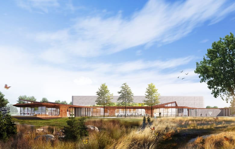 Rendering of a single story building made of wood and glass in a green space surrounded by trees.