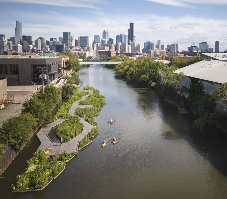A river with greenery on the bank and a city skyline in the back