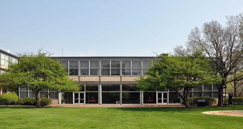 An exterior photo of Perlstein Hall.