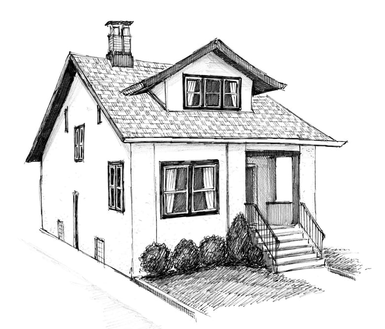 black and white illustration of a two story home with white walls, a stoop, and bushes out front. 