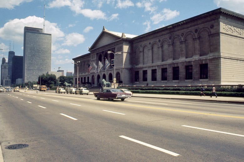 Art Institute of Chicago (foreground) and the Prudential Building (background), 1971 (Raymond L. Moldenhauer Collection)