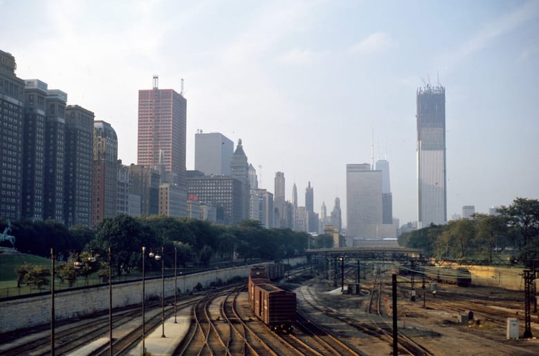 CNA Center and AON Center (then known as the Standard Oil Building) being constructed, 1970 (Raymond L. Moldenhauer Collection)