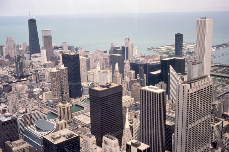 View looking northeast from the Willis (Sears) Tower, 1985 (Raymond L. Moldenhauer Collection)