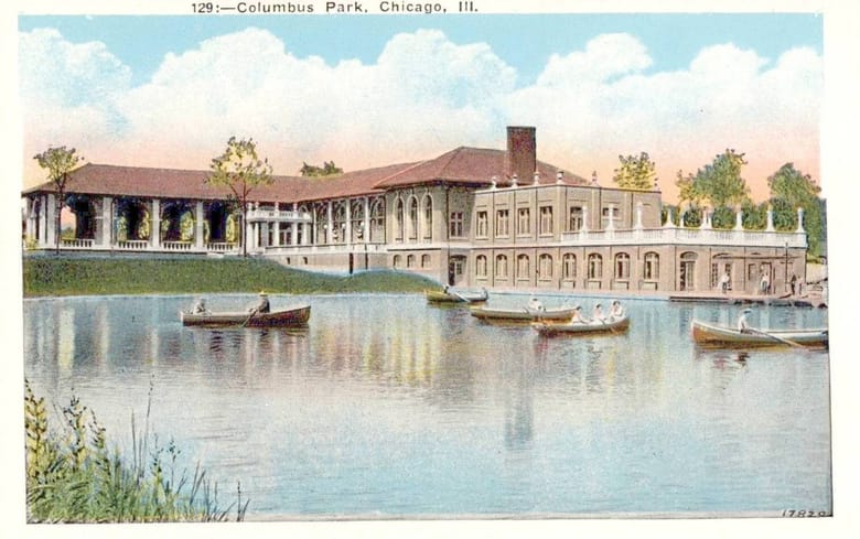 Illustration of a building behind a lake that has 5 row boats on it.