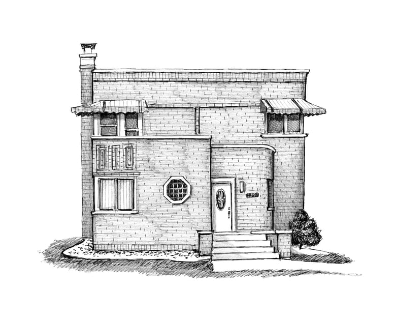black and white illustration of a small square brick building.