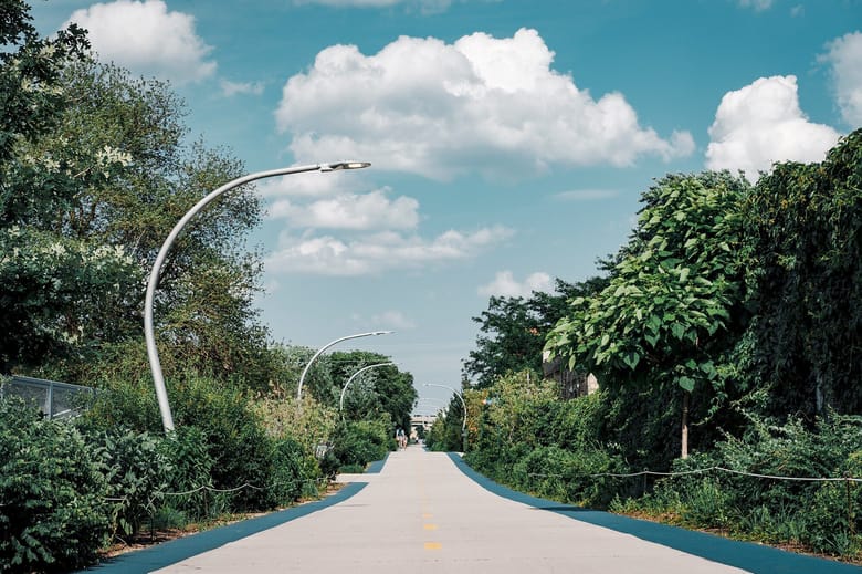 Tree-lined elevated bike and walking path 