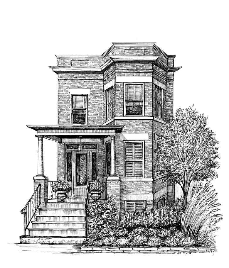 black and white illustration of a two flat brick building with shurbs and a tree outside