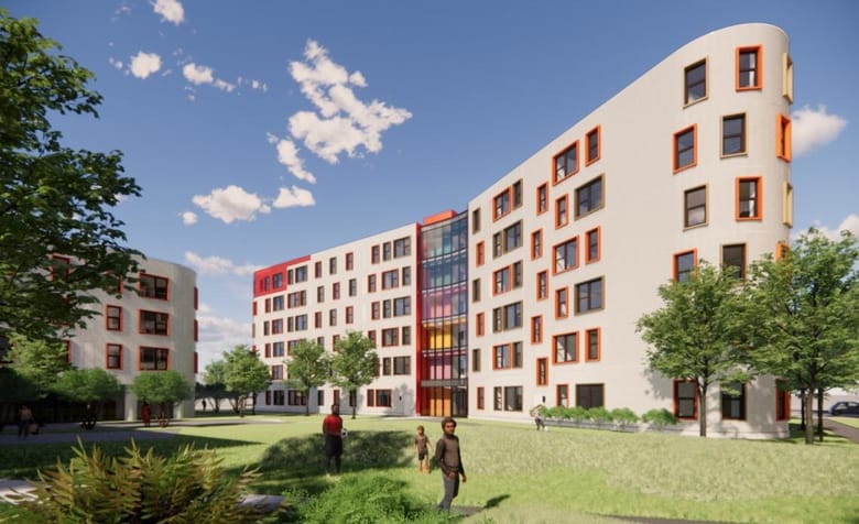 Rendering of a multi-story building with colorful windows and a rounded corner.